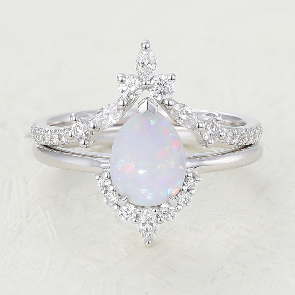 Juyoyo Pear Shaped Opal White Gold Engagement Ring Set