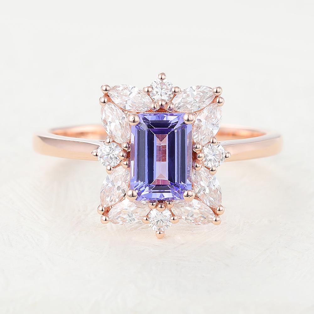 Juyoyo Emerald Cut Tanzanite Rose Gold Vintage Halo Engagement Ring