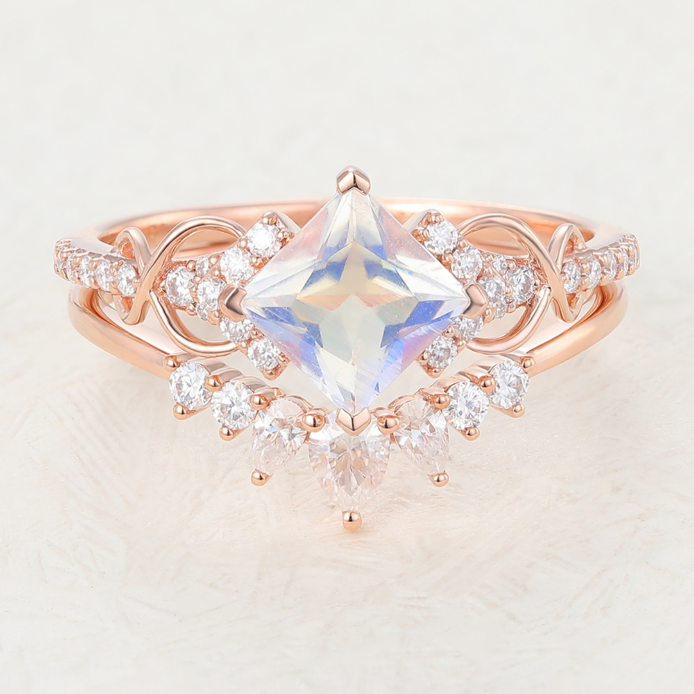 Princess Cut Moonstone Pavé Engagement Ring and Match Curved Diamond Wedding Ring-2pcs