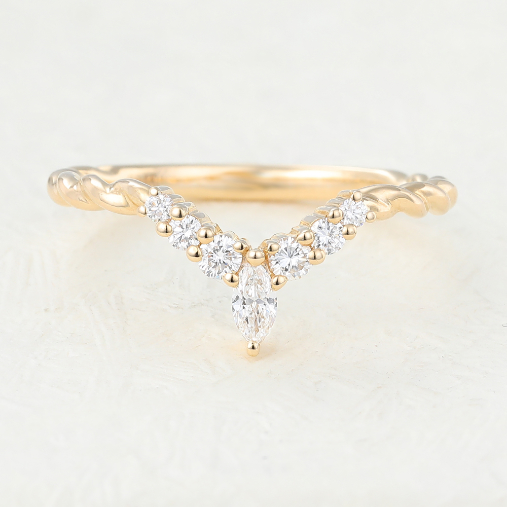 Juyoyo Marquise Moissanite Yellow Gold Twisted Curved Wedding Band
