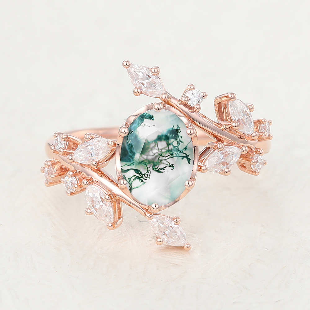 Juyoyo Oval Cut Moss Agate Vintage Rose Gold Engagement Ring Set