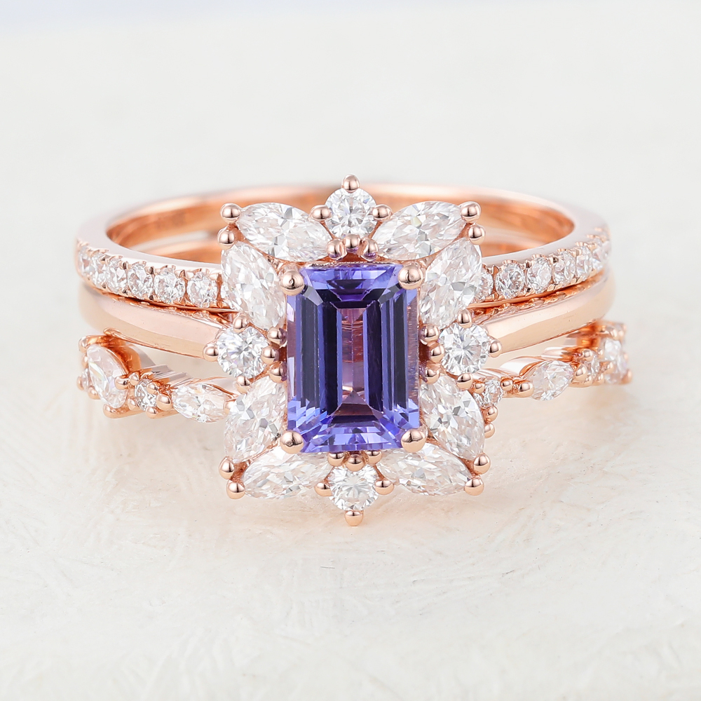 Juyoyo 3PCS Emerald Cut Tanzanite Rose Gold Vintage Halo Engagement Ring Set