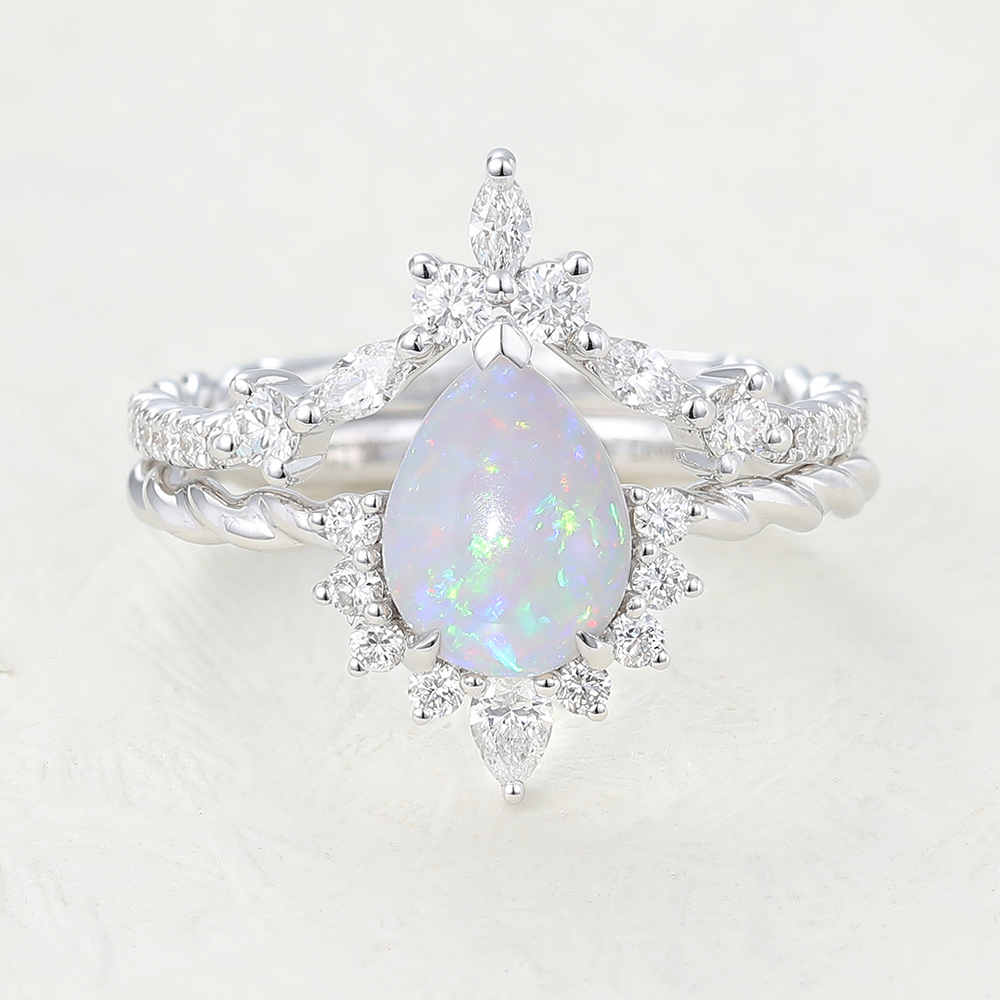Juyoyo Pear Shaped Opal White Gold Twisted Engagement Ring Set