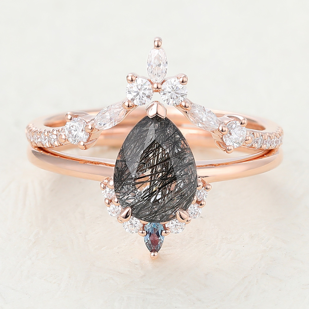 Juyoyo Pear Shaped Black Rutilated Quartz Engagement Ring Set