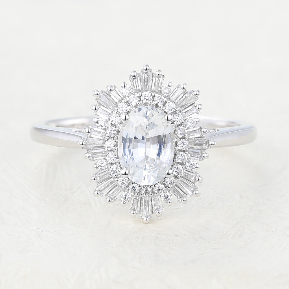 Juyoyo 1ct Oval White Sapphire White Gold Vintage Halo Engagement Ring