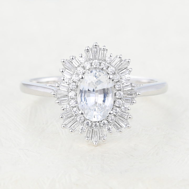 1ct Oval White Sapphire White Gold Vintage Halo Engagement Ring