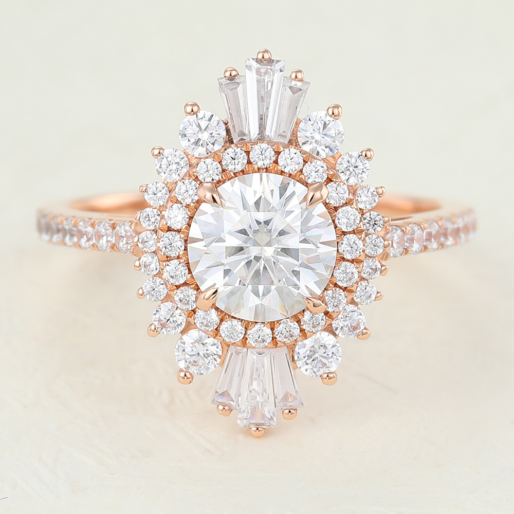 Juyoyo Rose Gold Unique Moissanite Vintage Halo Engagement Ring