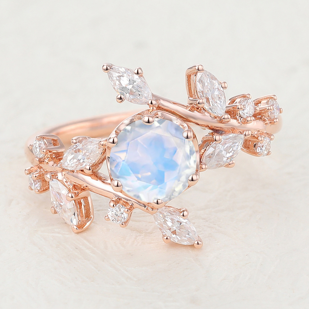  Round Rainbow Moonstone and Diamond Twig and Leaf Natural Inspired Ring