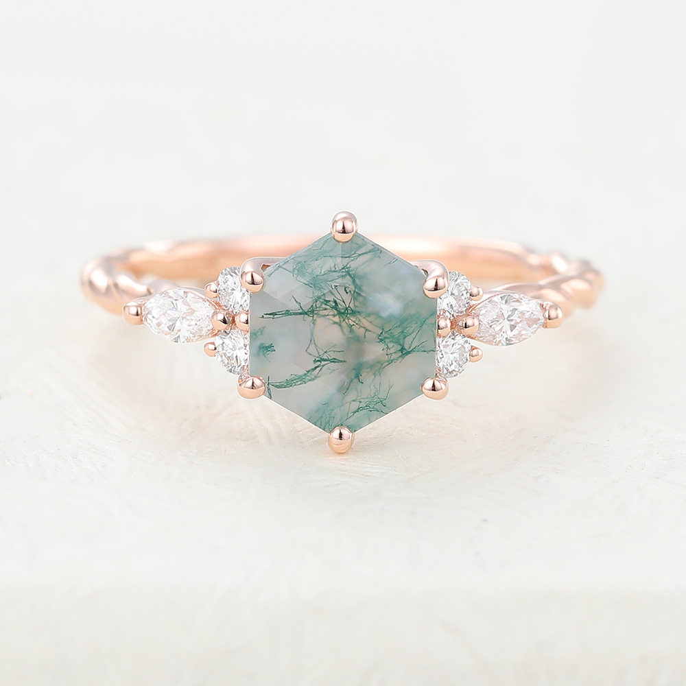 Juyoyo 1ct Hexagon Cut Moss Agate Rose Gold 3/4 Eternity Twisted Engagement Ring