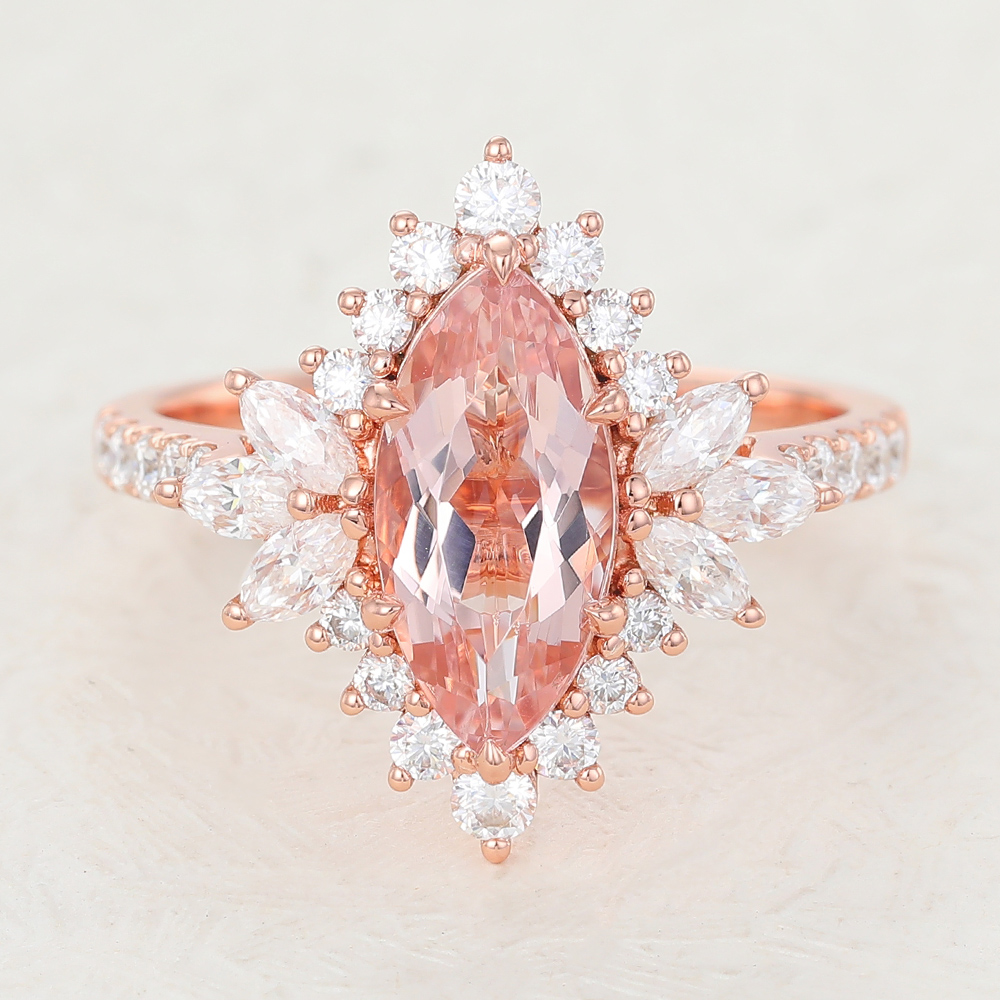 Juyoyo Pave Marquise Cut Morganite Halo Engagement Ring with Diamond