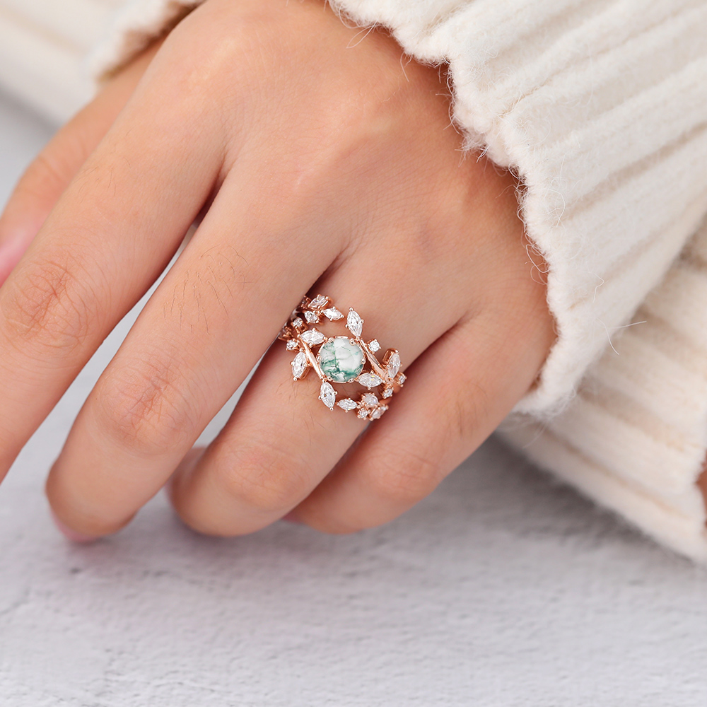 Juyoyo Unique Moss Agate Rose Gold Engagement Ring Set