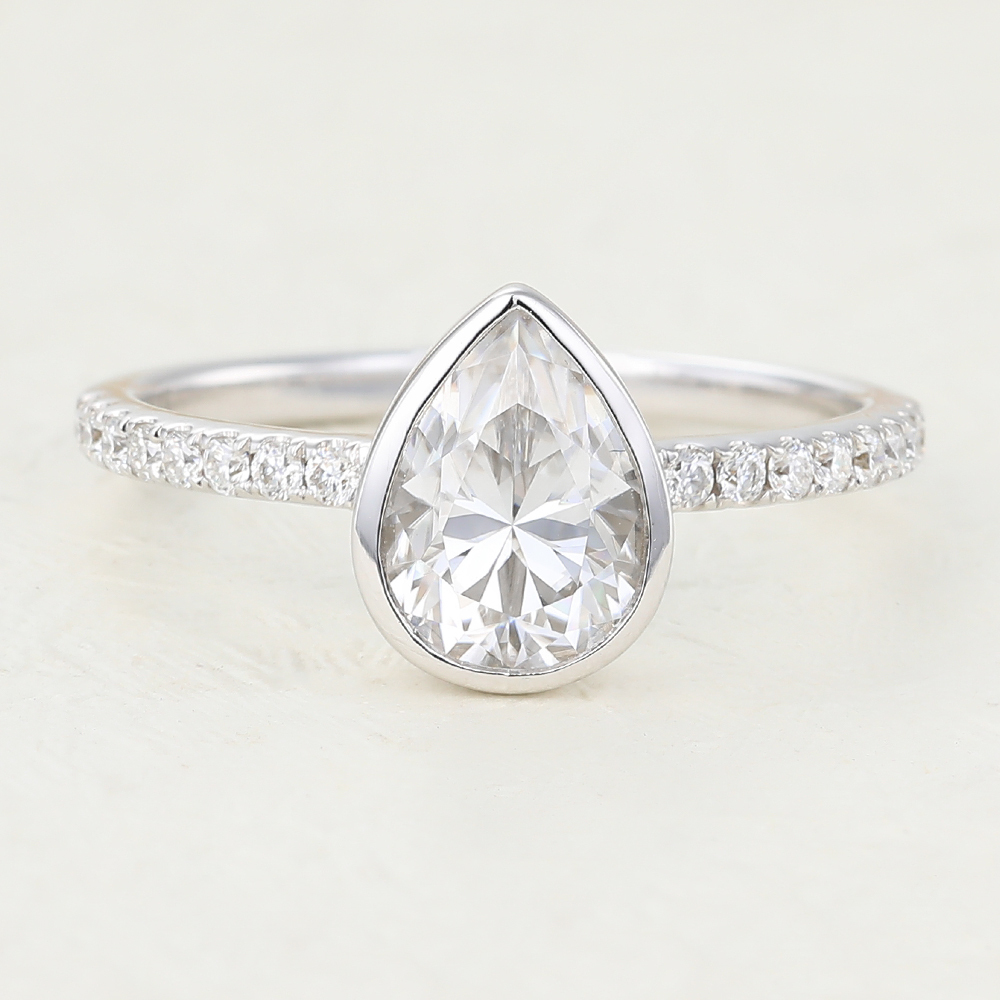 Juyoyo Pear shaped Moissanite White Gold Bezel Pav&eacute; Engagement Ring