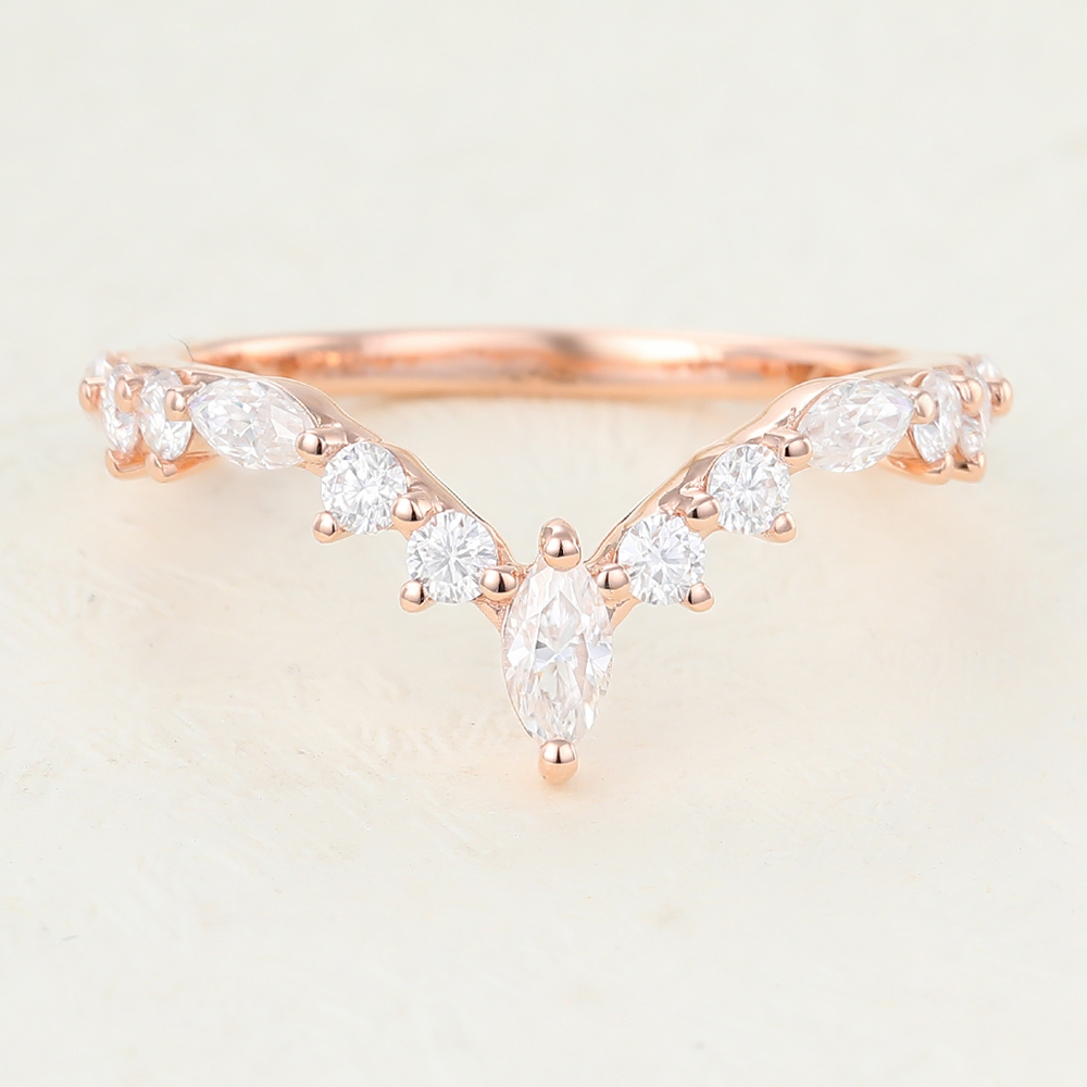 Juyoyo Rose Gold Marquise Moissanite Curved Wedding Band Rings 