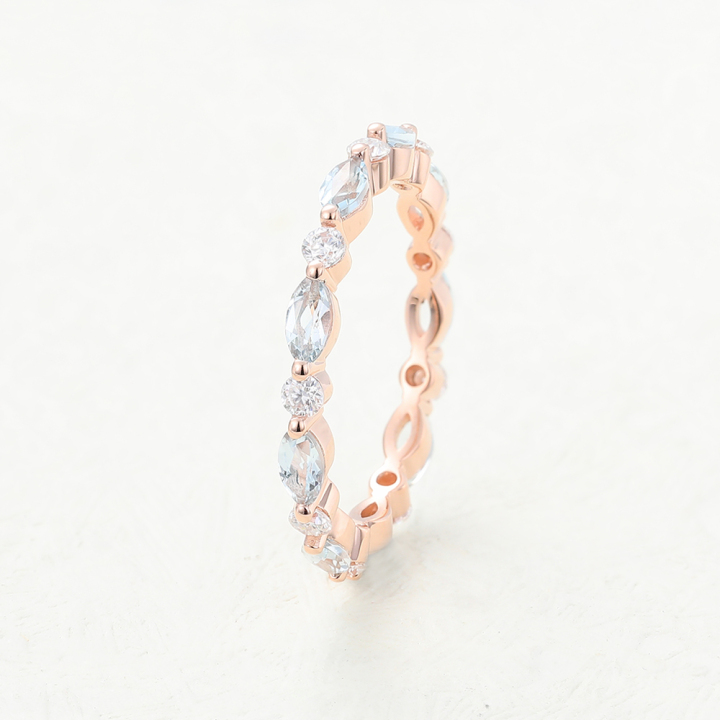 Marquise Aquamarine Ring Rose Gold Eternity Wedding Band