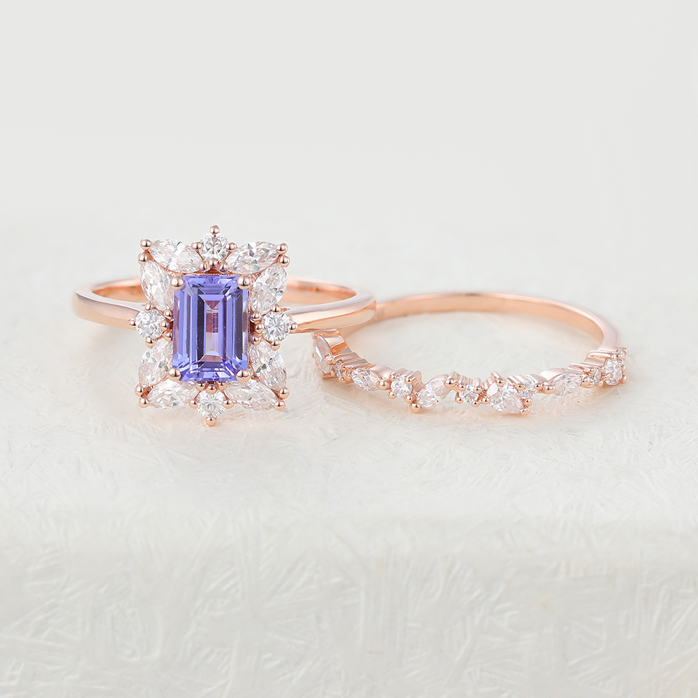 Juyoyo Emerald Cut Tanzanite Rose Gold Vintage Halo Engagement Ring Set