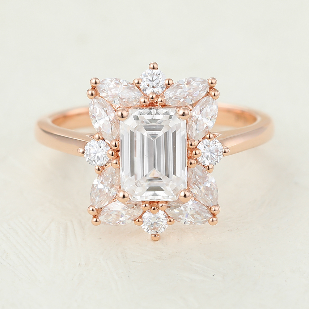 Juyoyo Emerald Cut Moissanite Rose gold Vintage Engagement Ring