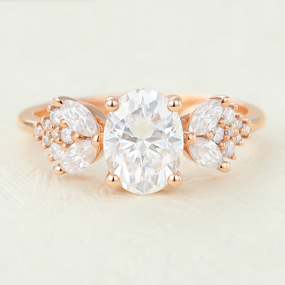 Juyoyo Oval Cut Moissanite Rose gold Cluster Engagement Ring