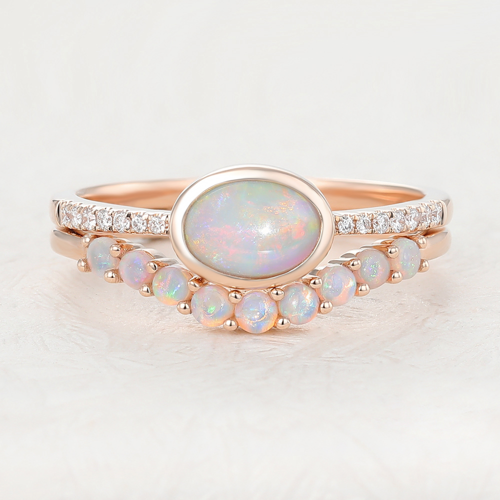 Juyoyo Oval Cut Opal Rose Gold East West Engagement Ring Set