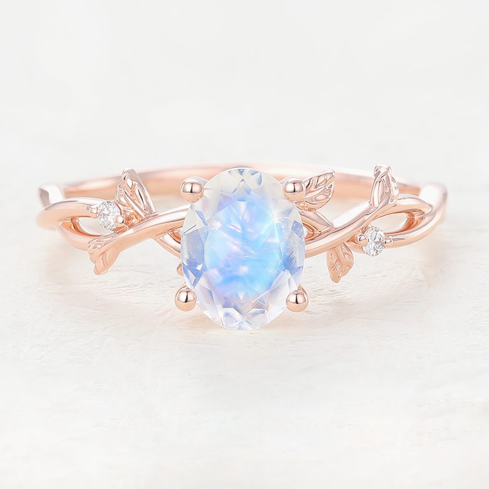 Juyoyo Natural Inspired Oval Cut Women's Moonstone Twig And Leaf Engagement Ring