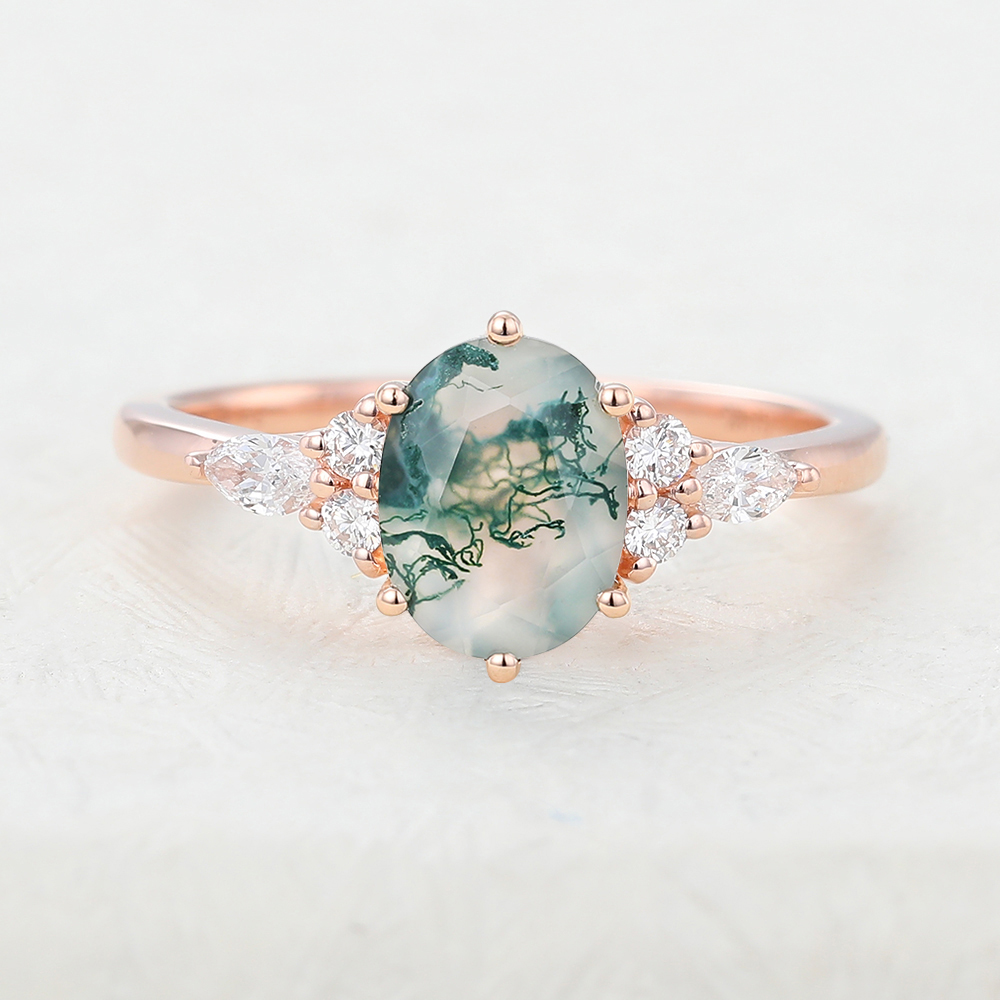 Juyoyo Oval Cut Moss Agate Rose Gold Engagement Ring