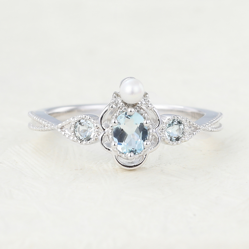 Juyoyo Art Deco Oval Cut Aquamarine and Pearl Ring Twisted Engagement Ring