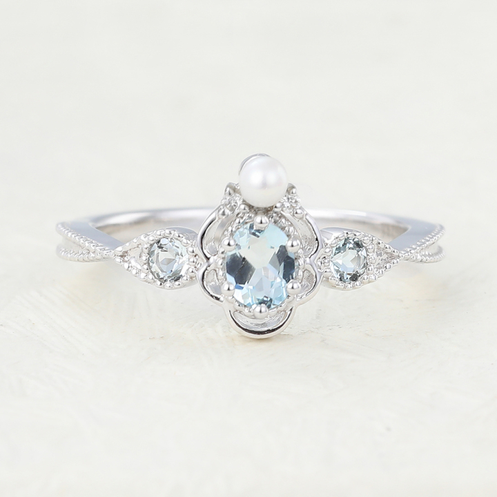 Art Deco Oval Cut Aquamarine and Pearl Ring Twisted Engagement Ring