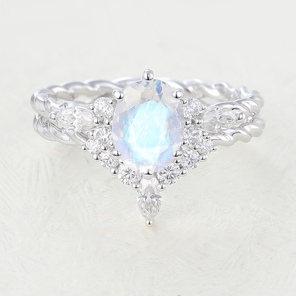 Juyoyo oval cut rainbow moonstone white gold bridal engagement and wedding ring set