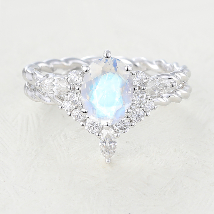 oval cut moonstone white gold twisted engagement ring set