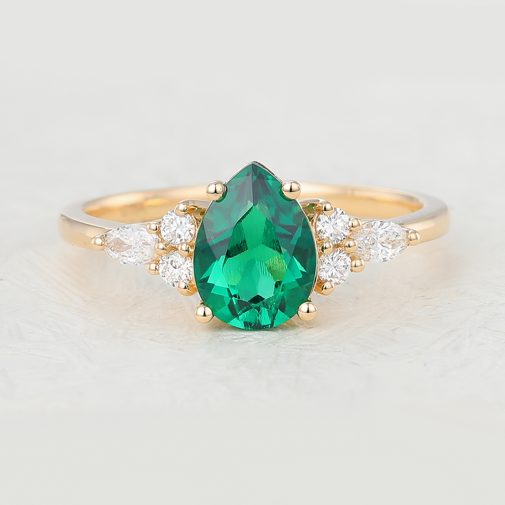 Juyoyo Pear Shaped Lab Emerald Yellow Gold Engagement Ring 
