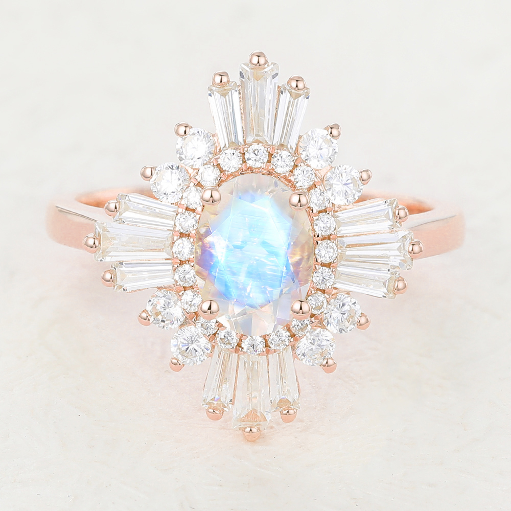 Art Deco Oval Moonstone Vintage Halo Diamond Engagement Ring in Rose Gold 