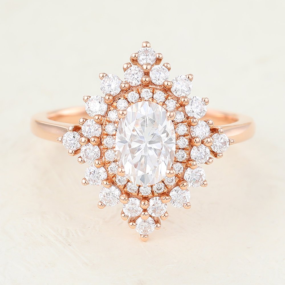 Juyoyo Oval Rose Gold Unique Moissanite Vintage Halo Engagement Ring
