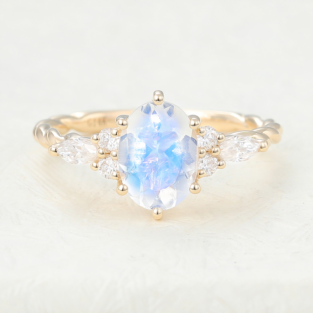 Juyoyo oval cut moonstone Yellow gold engagement and wedding ring
