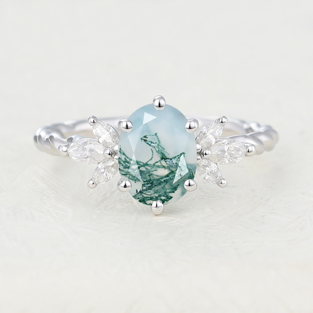Juyoyo Oval Cut Moss Agate White Gold Engagement Ring