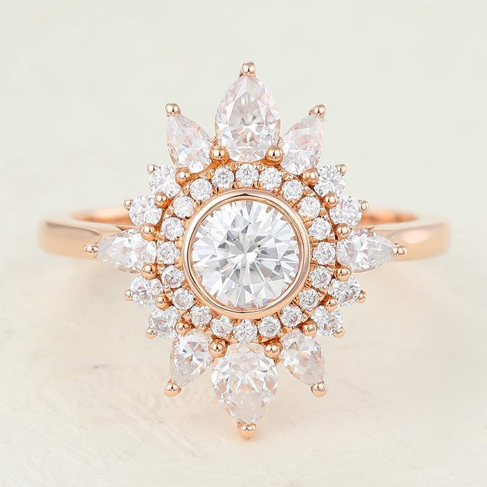 Juyoyo Round Rose Gold Unique Moissanite Vintage Halo Engagement Ring