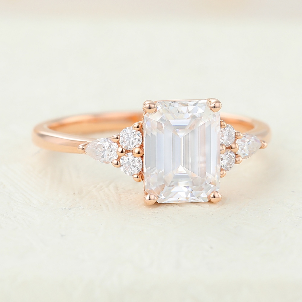 Moissanite Rose Gold Engagement Ring,Emerald Cut Moissanite Ring