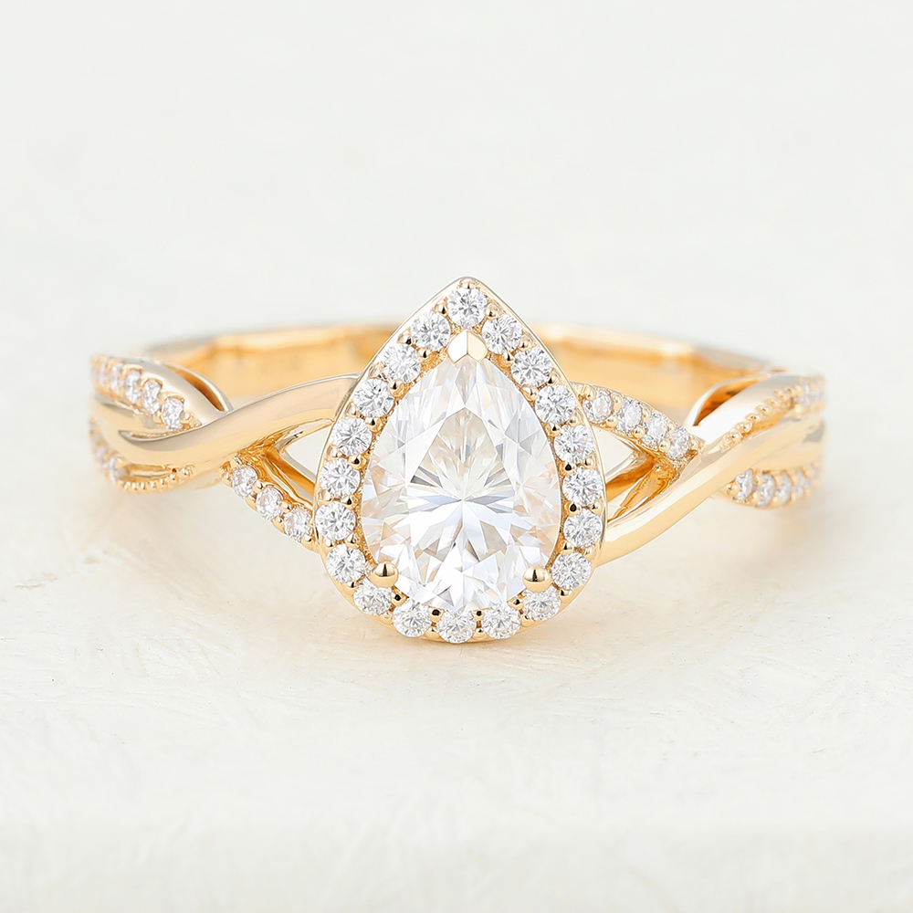 Juyoyo Pear Shaped Moissanite Vintage Pav&eacute; Halo Engagement Ring In Yellow Gold