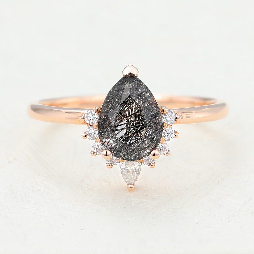 Juyoyo Pear shaped Black Quartz Rutilated Rose Gold Engagement Ring
