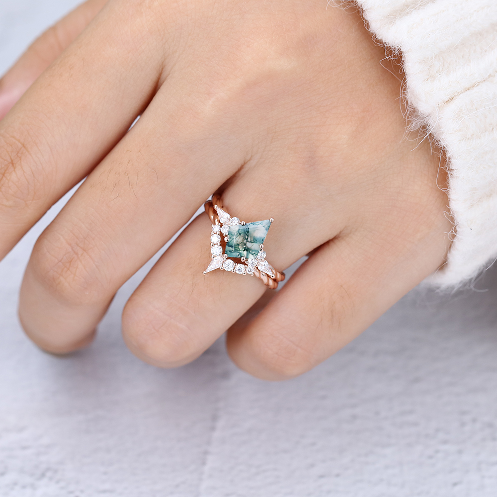 Kite Shaped Moss Agate Twisted Engagement Ring with Match Curved Wedding Band in Rose Gold