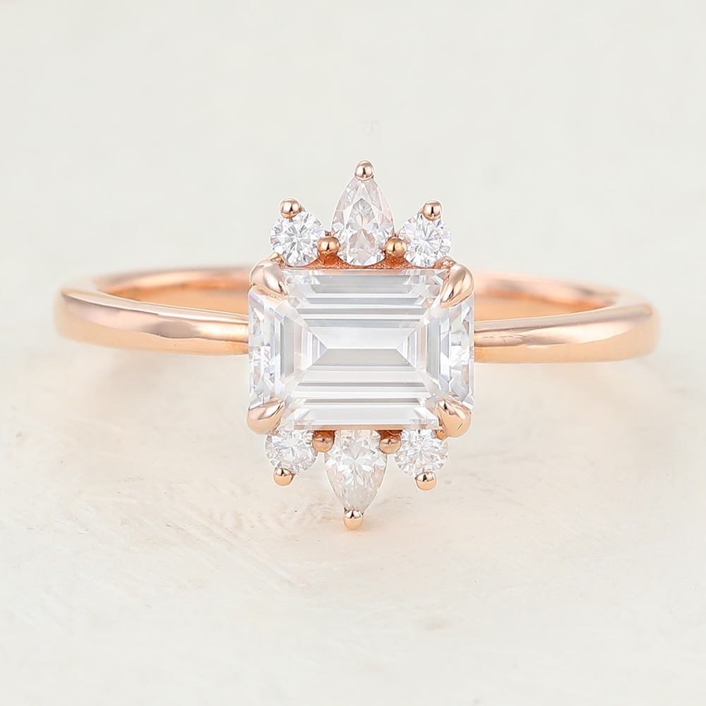 Juyoyo Rose Gold Moissanite Emerald Cut Vintage Engagement Ring