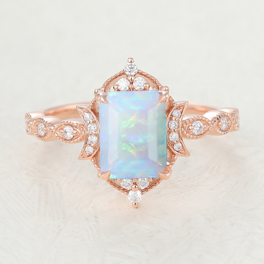 Juyoyo Emerald Cut Opal Rose Gold Halo Engagement Ring