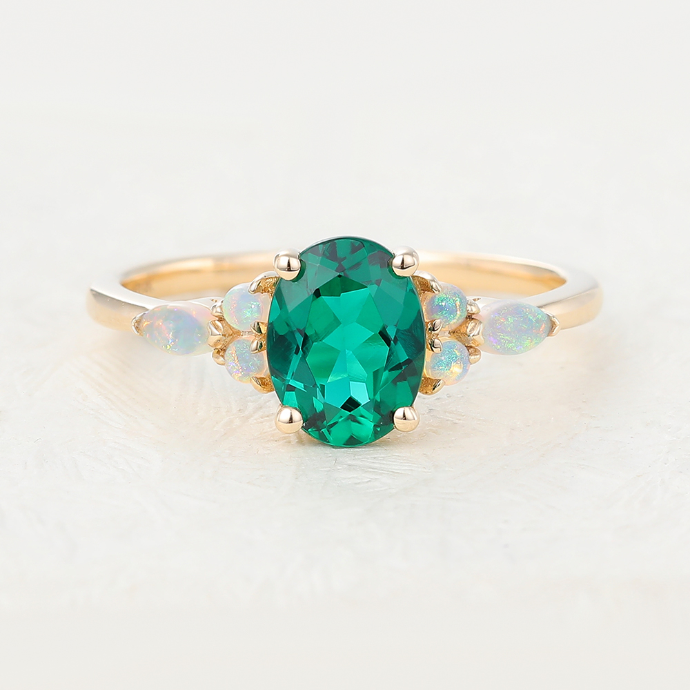 Juyoyo Oval Cut Emerald Opal Yellow Gold Engagement Ring 