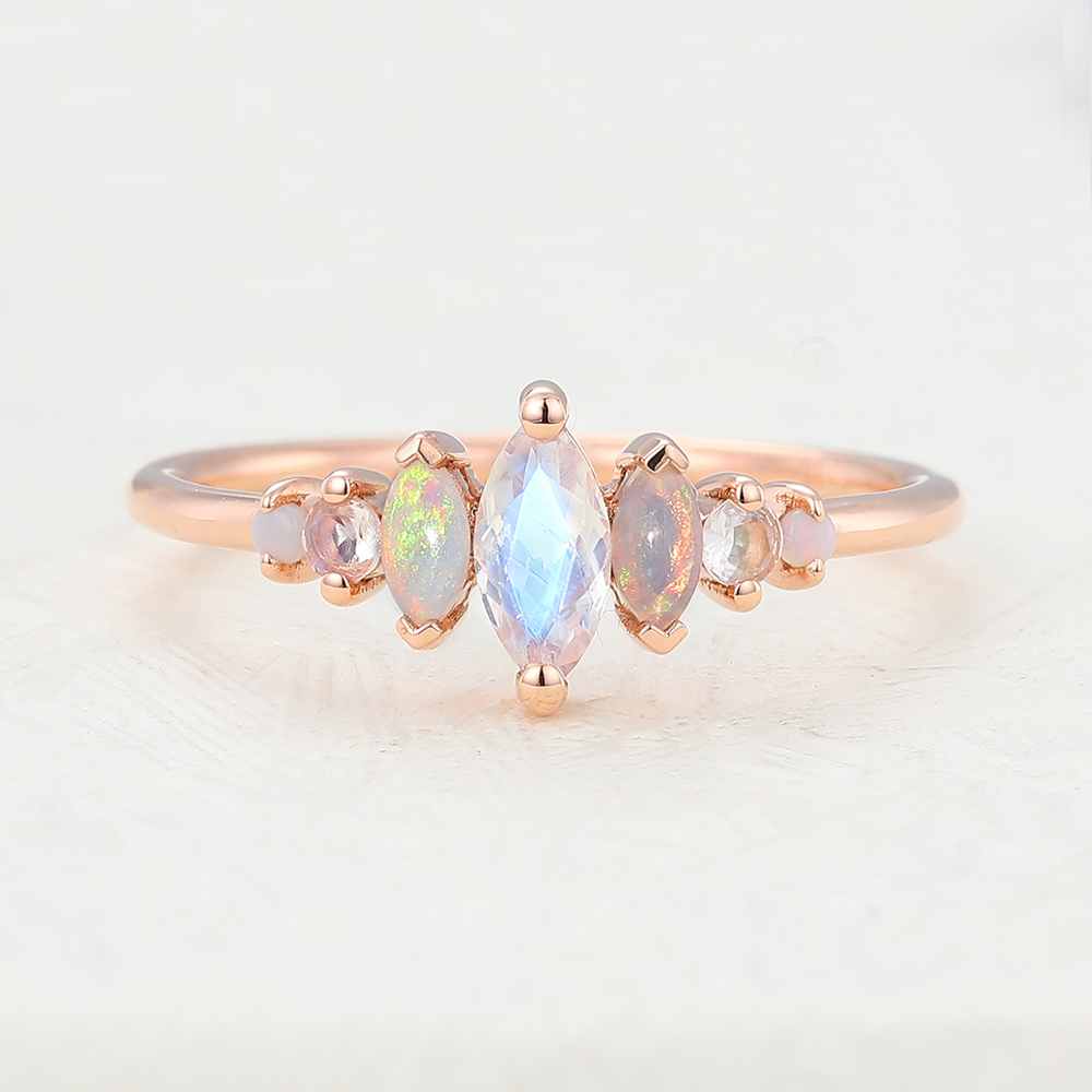 Juyoyo Dainty Marquise Cut Moonstone and Opal Decor Ring for Women