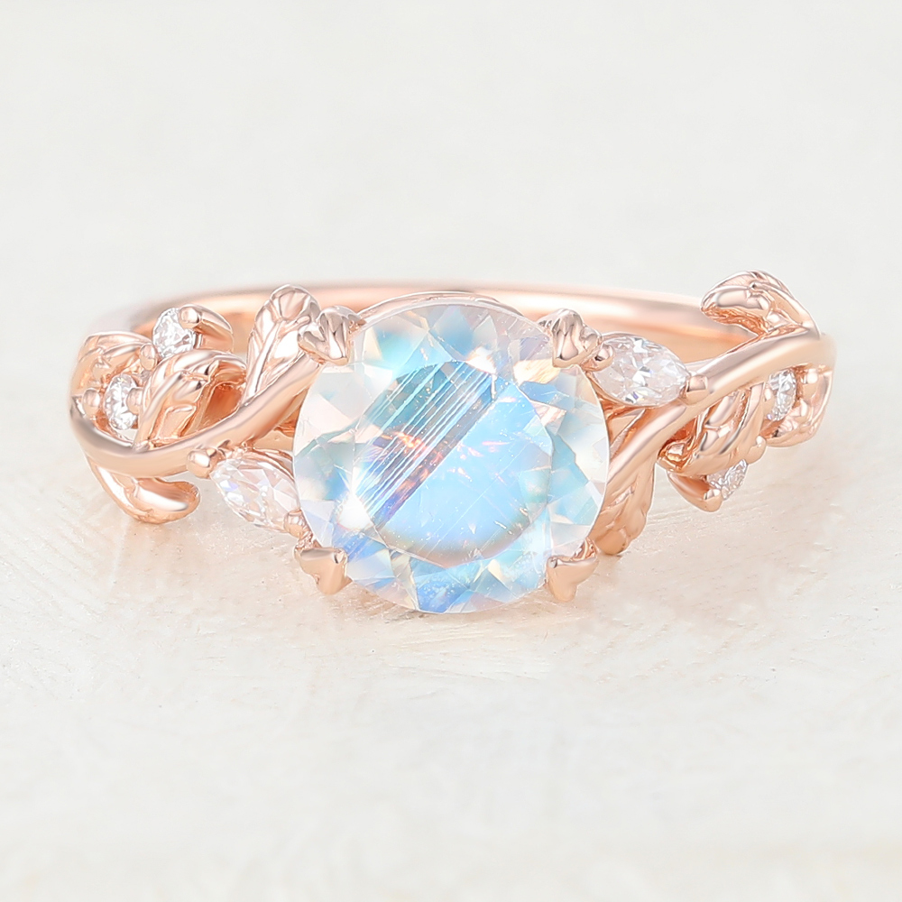 Juyoyo Unique Round Moonstone and Diamond Natural Inspired Leaf Engagement Ring