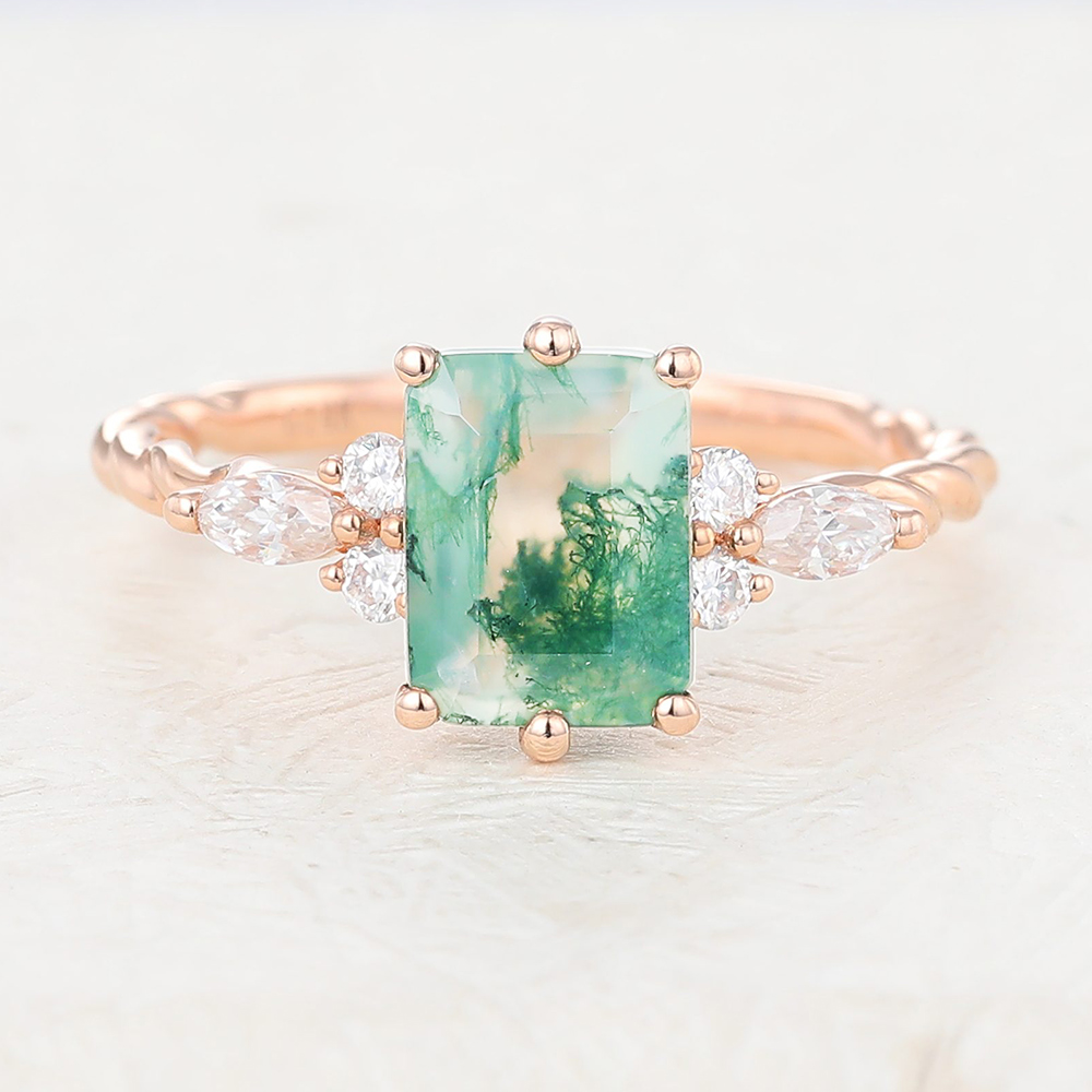 Juyoyo Emerald Cut Moss Agate Vintage Rose Gold Twisted Engagement Ring