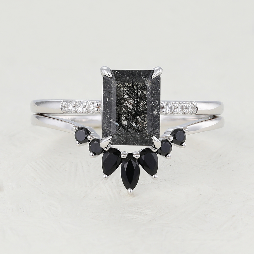 Juyoyo Emerald Cut Black quartz rutilated White Gold Engagemenr Ring set