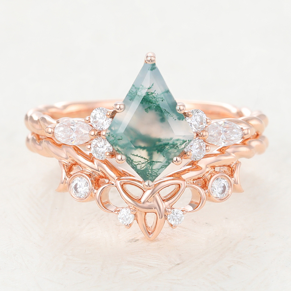 Kite Cut Moss Agate Ring Twisted Unique Engagement Ring Set in Rose Gold
