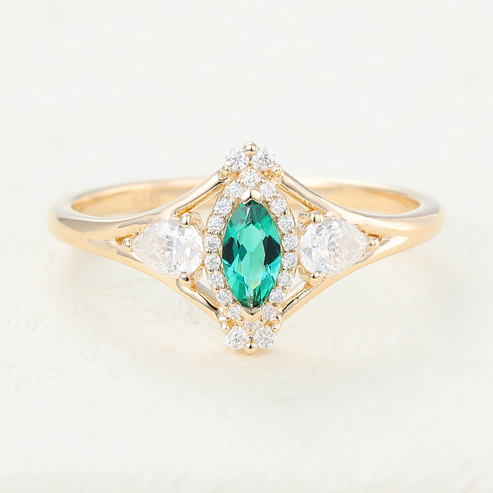 Juyoyo Marquise Lab Emerald Yellow Gold Engagement Ring
