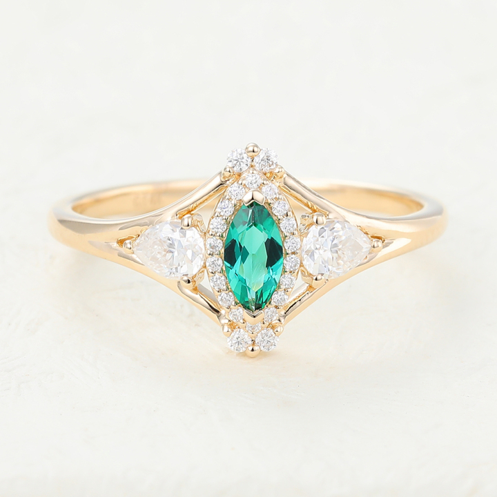 Marquise Lab Emerald Yellow Gold Engagement Ring