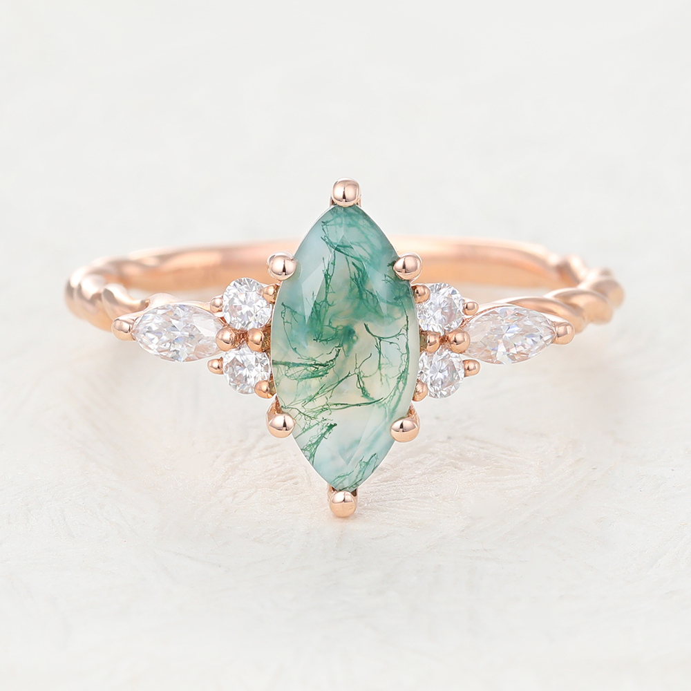 Juyoyo Marquise Cut Moss Agate Rose Gold Engagement Twisted Ring