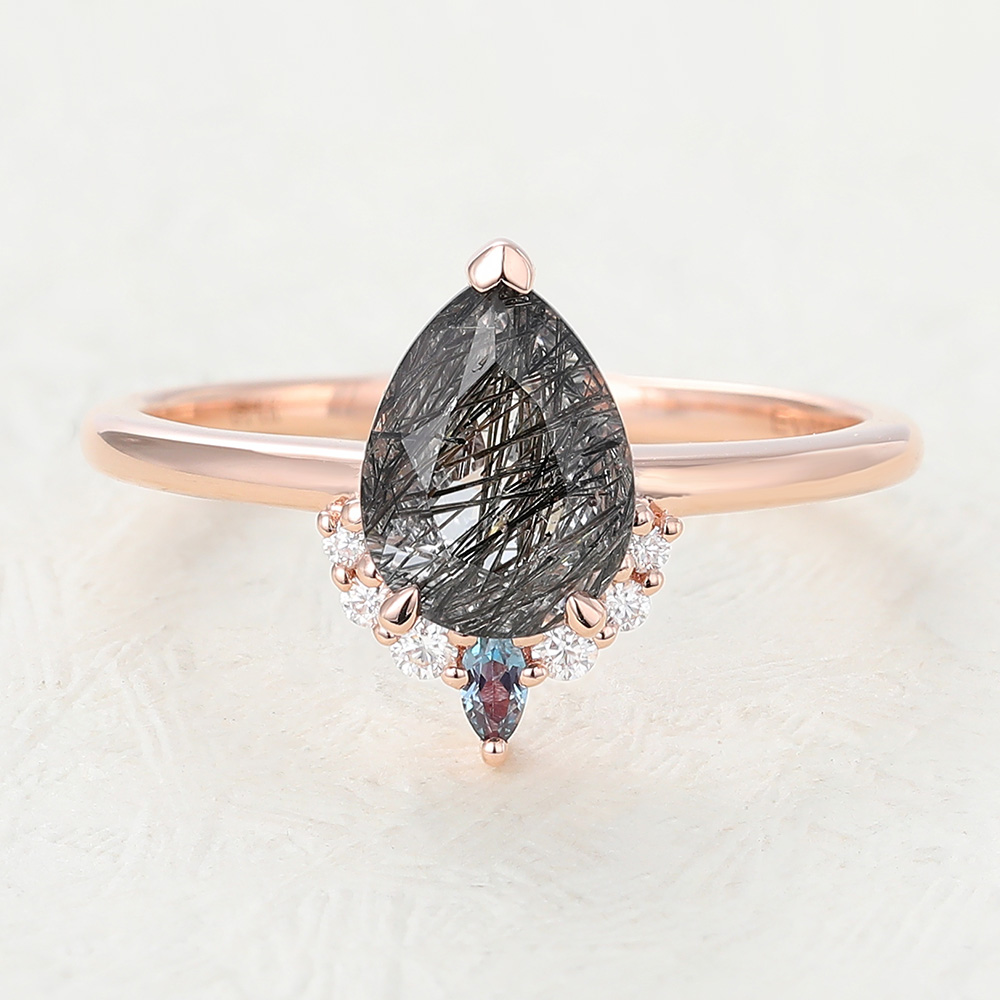 Juyoyo Pear Shaped Black Rutilated Quartz Rose Gold Engagement Ring